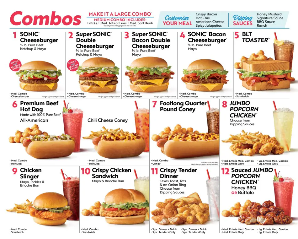 Sonic Combos Menu Prices